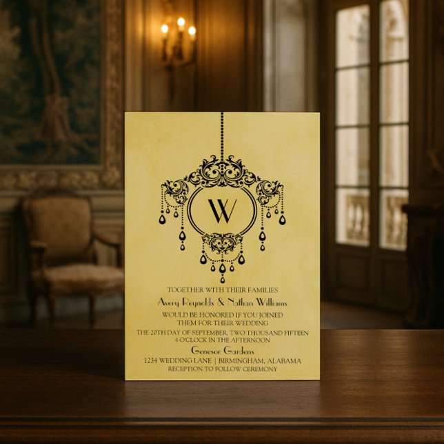 Invitación a la boda de la lámpara de araña amaril (Yellow Vintage Chandelier Wedding Invite)
