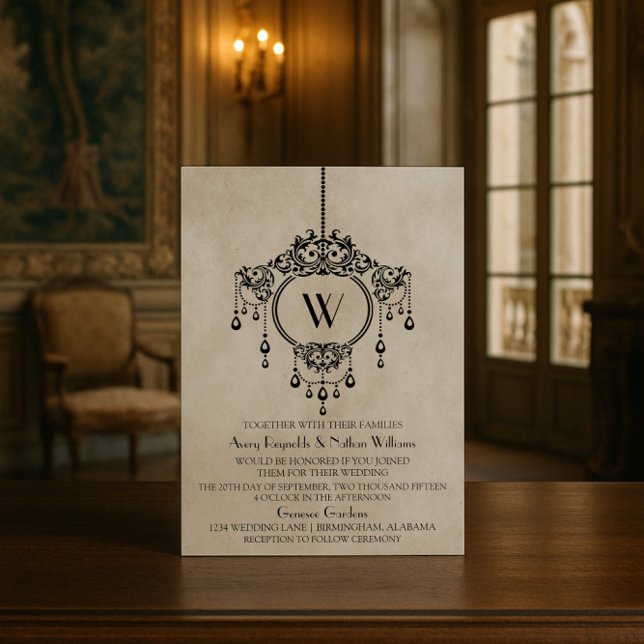 Invitación a la boda de la lámpara de araña de col (Beige Vintage Chandelier Wedding Invite)