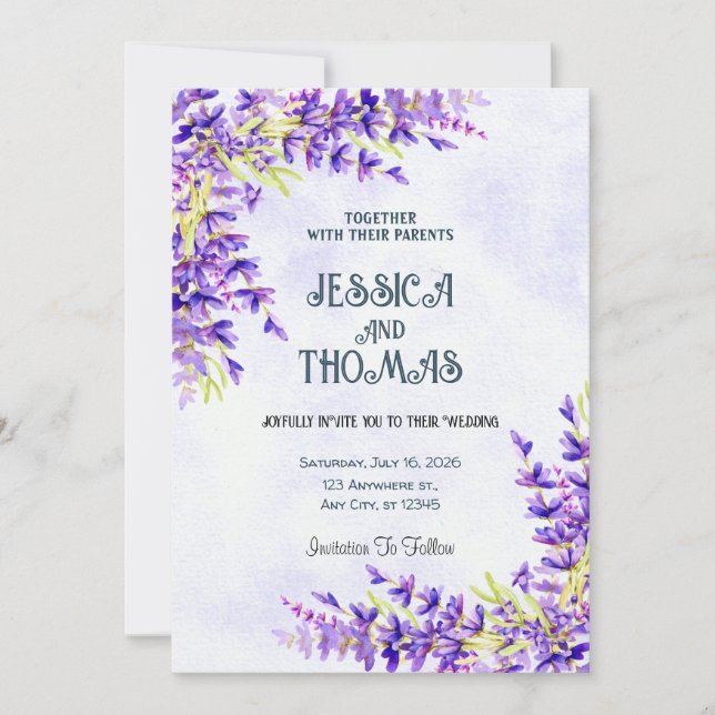 Invitación a la boda de la Lavanda de Flores de Ag (Anverso)