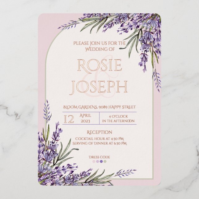 Invitación a la boda de la Lavanda de Relieve meta (Anverso)
