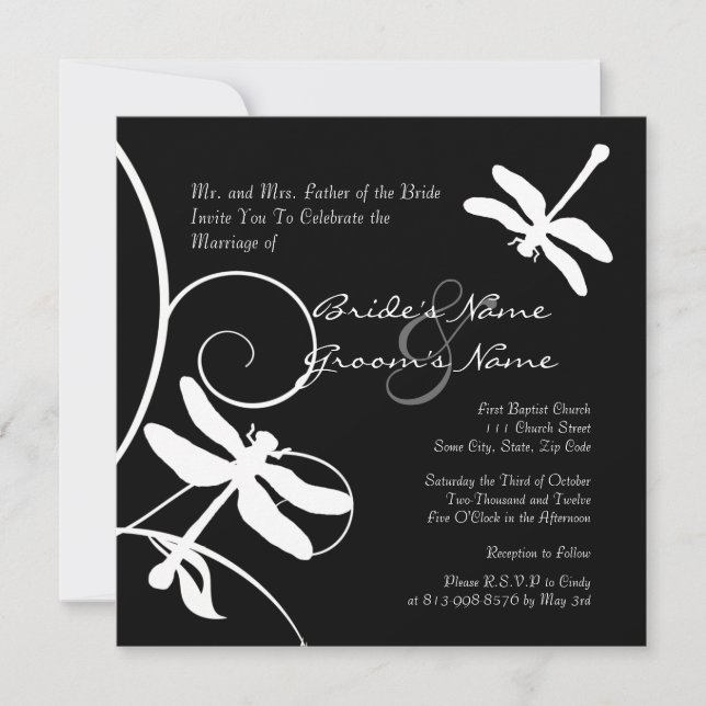 Invitación a la boda de la libélula blanca y negra (Anverso)