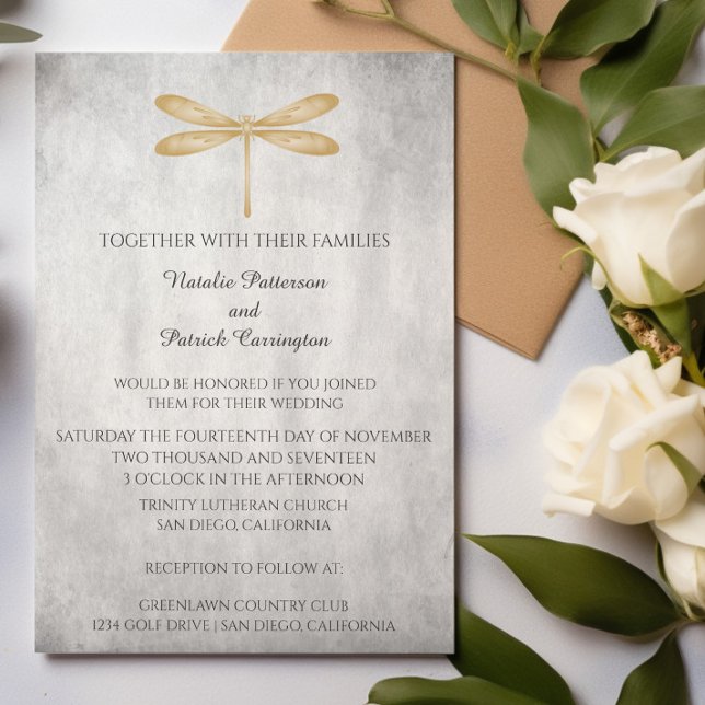 Invitación a la boda de la libélula de oro (Gold Dragonfly Wedding Invitation)