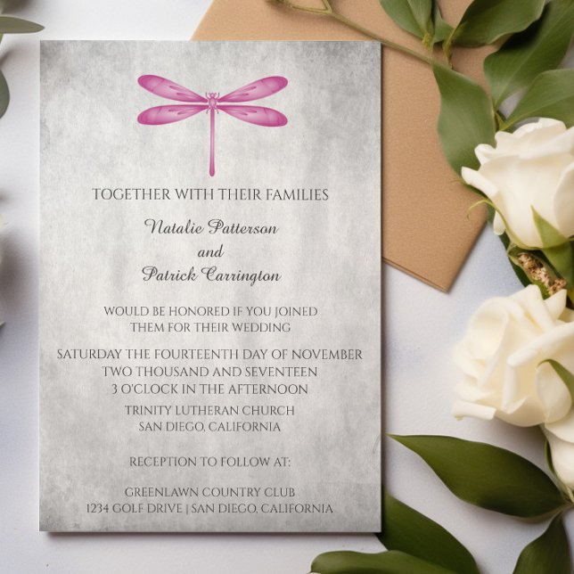 Invitación a la boda de la libélula magenta (Magenta Dragonfly Wedding Invitation)