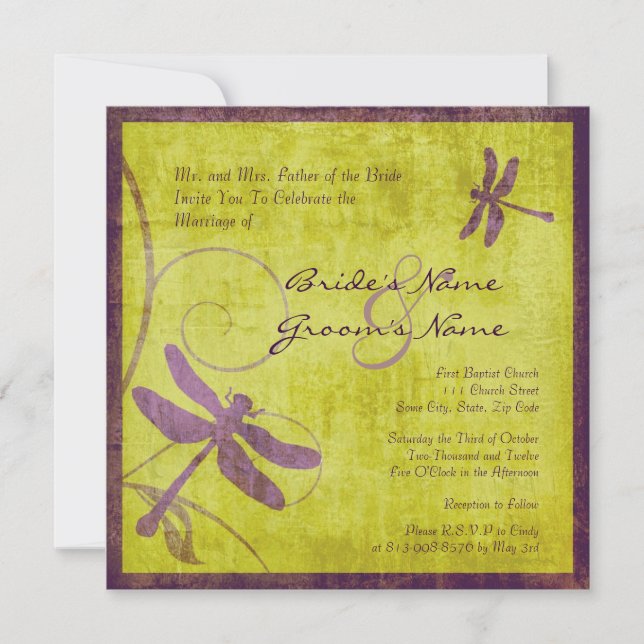 Invitación a la boda de la libélula púrpura de épo (Anverso)
