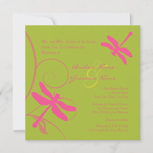 Invitación a la boda de la libélula verde y rosa (Anverso)
