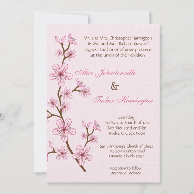 Invitación a la boda de la línea de cerezo rosa la (Anverso)