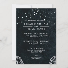 Invitación a la boda de la luz de encaje azul negr
