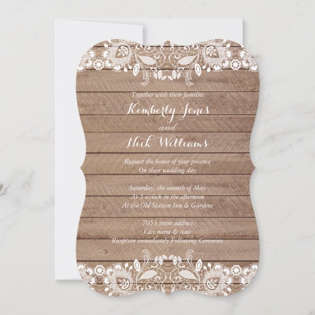 Invitación a la boda de la madera de encaje blanco (Anverso)