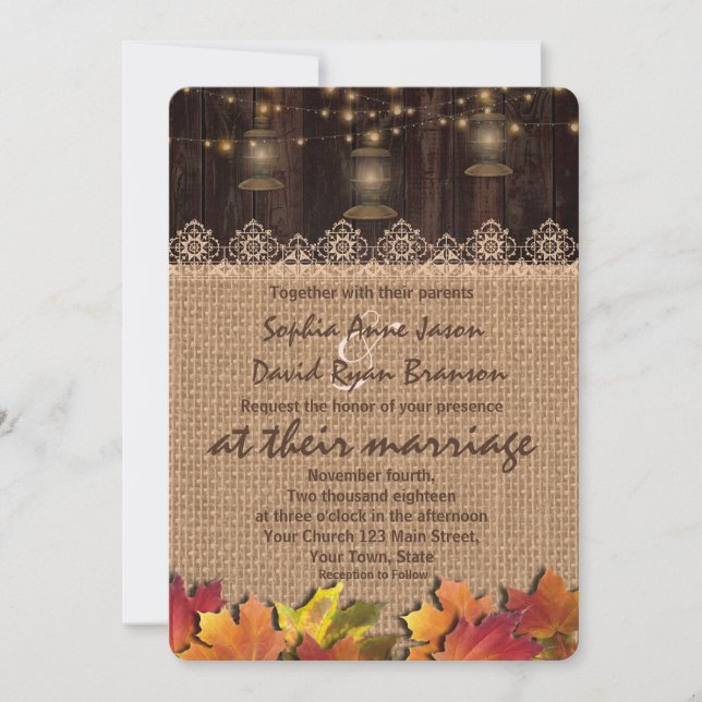 Invitación a la boda de la madera de las hojas de  (Anverso)