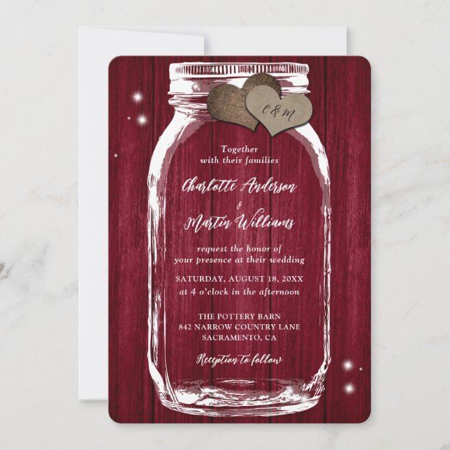 Invitación a la boda de la madera de Mason Jar, en (Anverso)