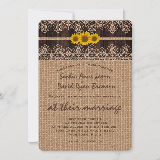 Invitación a la boda de la madera de Rústico Lace  (Anverso)