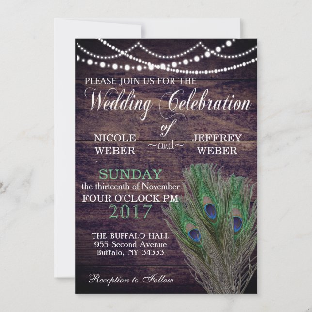 Invitación a la boda de la madera del campo Peacoc (Anverso)