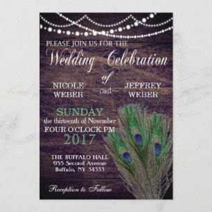 Invitación a la boda de la madera del campo Peacoc