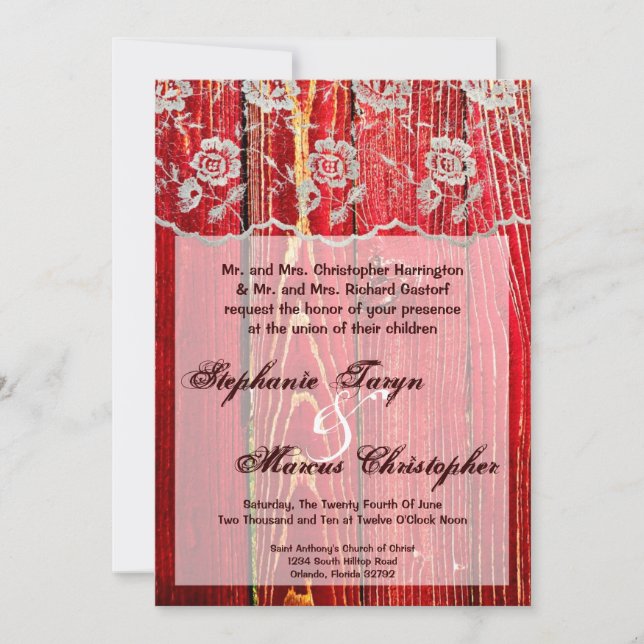 Invitación a la boda de la Madera Roja de Lace Roj (Anverso)