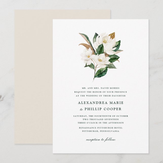 Invitación a la boda de la Magnolia acuarela (Anverso / Reverso)