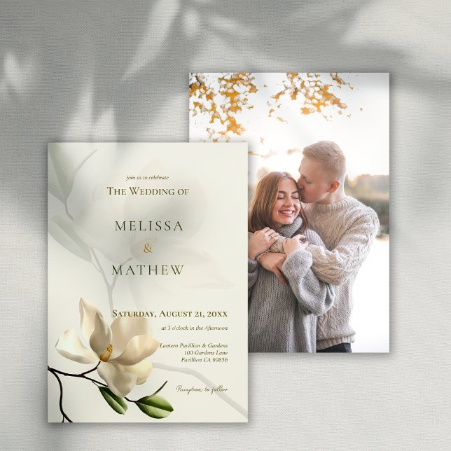 Invitación a la boda de la Magnolia Blanca Orienta (Photo Oriental White Magnolia Wedding Invitation)