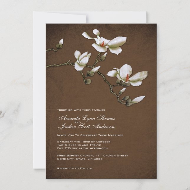Invitación a la boda de la Magnolia Marrón y Blanc (Anverso)