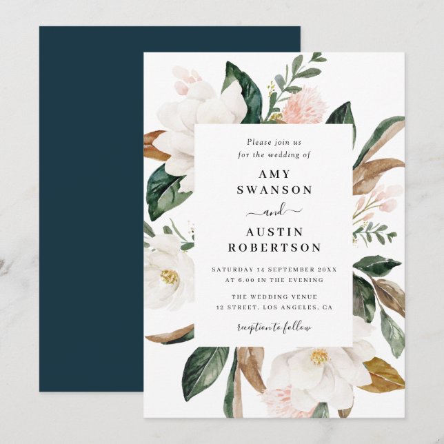 invitación a la boda de la magnolia y las flores r (Anverso / Reverso)