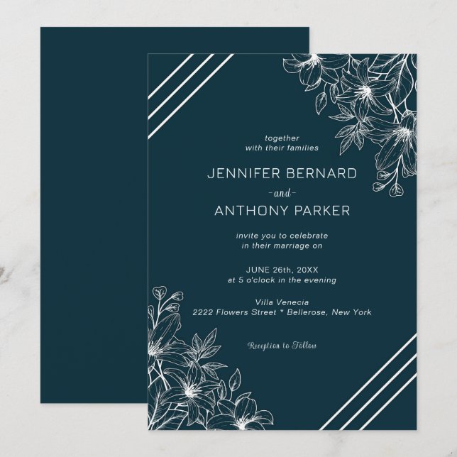 Invitación a la boda de la mano de los lirios blan (Anverso / Reverso)