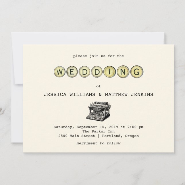 Invitación a la boda de la máquina de escribir de  (Anverso)