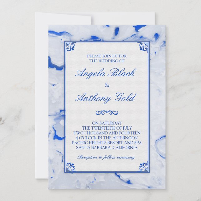 Invitación a la boda de la Marble Blanca Azul (Anverso)
