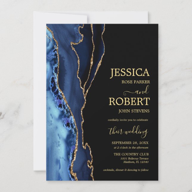 Invitación a la boda de la Marina Blue Gold Agate (Anverso)