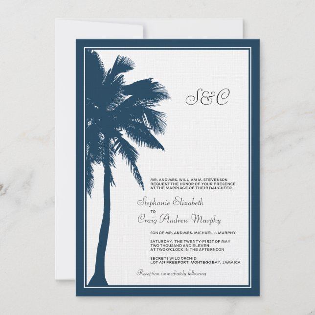 Invitación a la boda de la Marina Blue Palm Tree (Anverso)