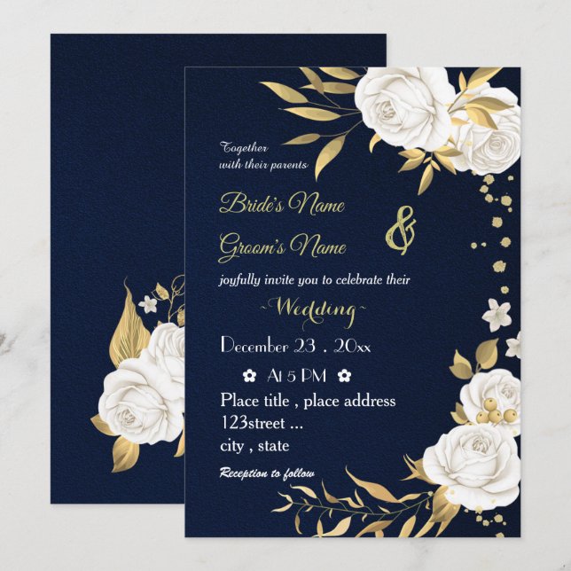 invitación a la boda de la marina de oro con flore (Anverso / Reverso)