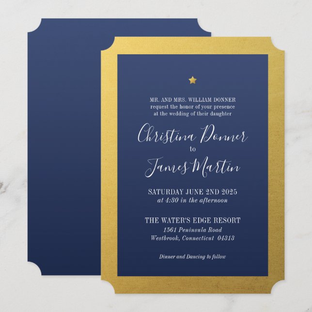 Invitación a la boda de la Marina Gold de Star (Anverso / Reverso)