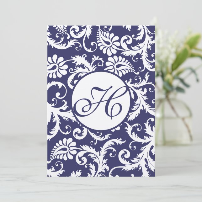 Invitación a la boda de la Marina Monograma Damask (Anverso de pie)