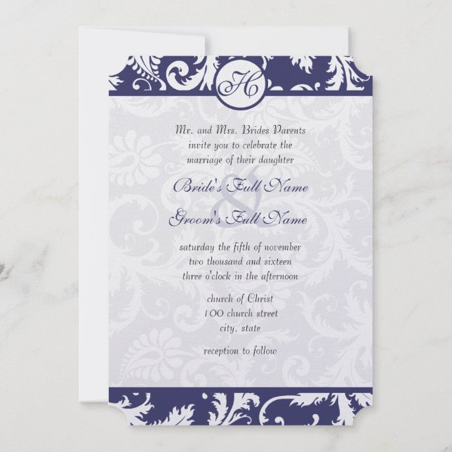 Invitación a la boda de la Marina Monograma Damask (Reverso)