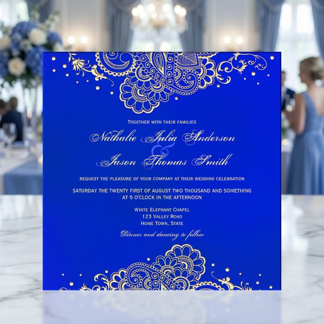Invitación a la boda de la Marina y la Royal Blue  (Elegant navy and royal blue wedding invitation featuring a gold styled henna inspired design)