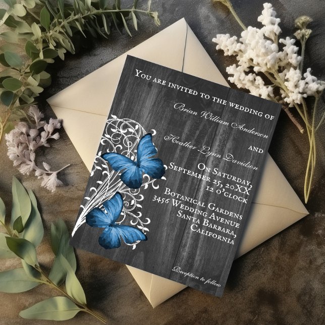 Invitación a la boda de la mariposa azul rusa (Blue Rustic Butterfly Wedding Invitation)
