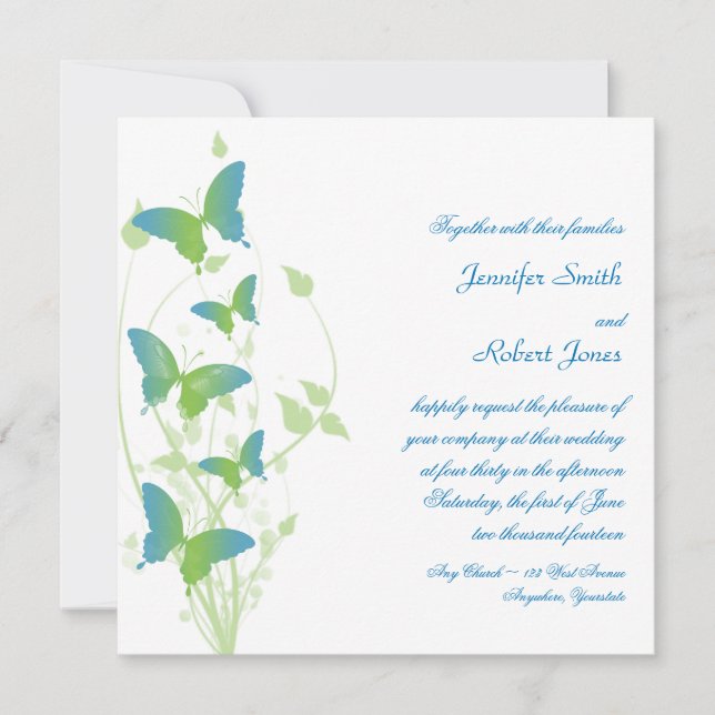 Invitación a la boda de la mariposa azul y verde (Anverso)