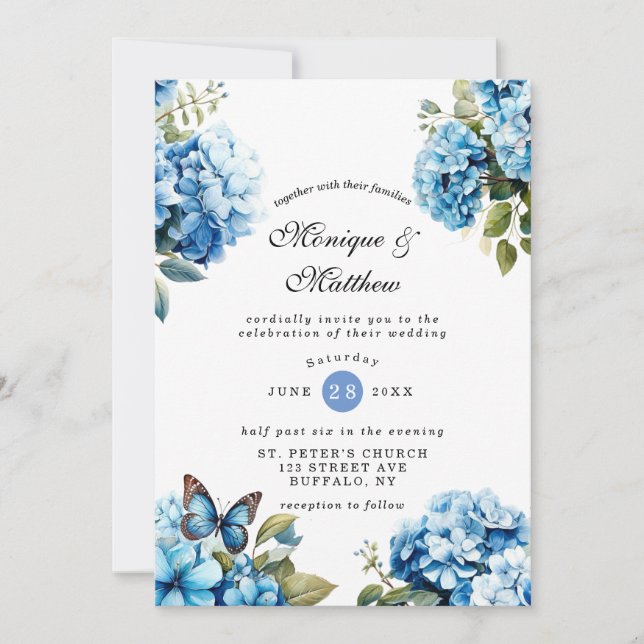 Invitación a la boda de la mariposa de la hidrange (Anverso)