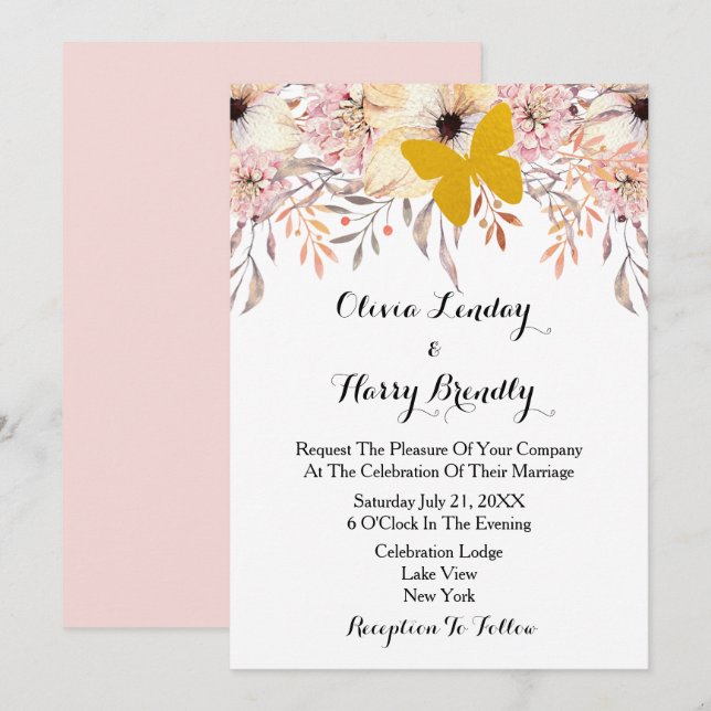 Invitación a la boda de la mariposa de oro floral  (Anverso / Reverso)