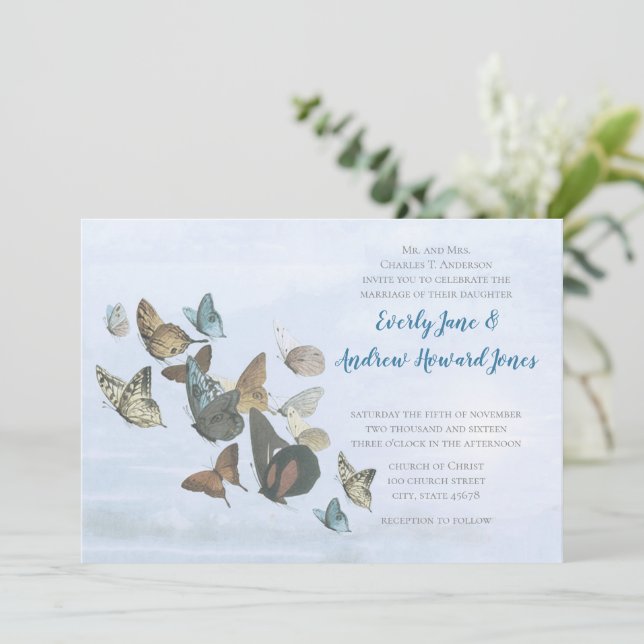 Invitación a la boda de la mariposa dorada de cobr (Anverso de pie)