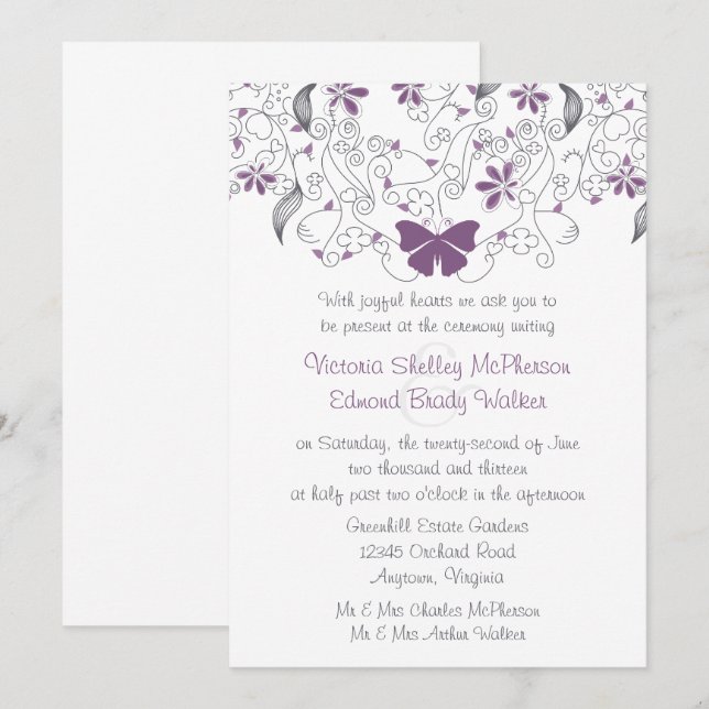 Invitación a la boda de la mariposa morada (Anverso / Reverso)