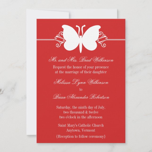 Invitación a la boda de la mariposa roja oscura Sw (Anverso)