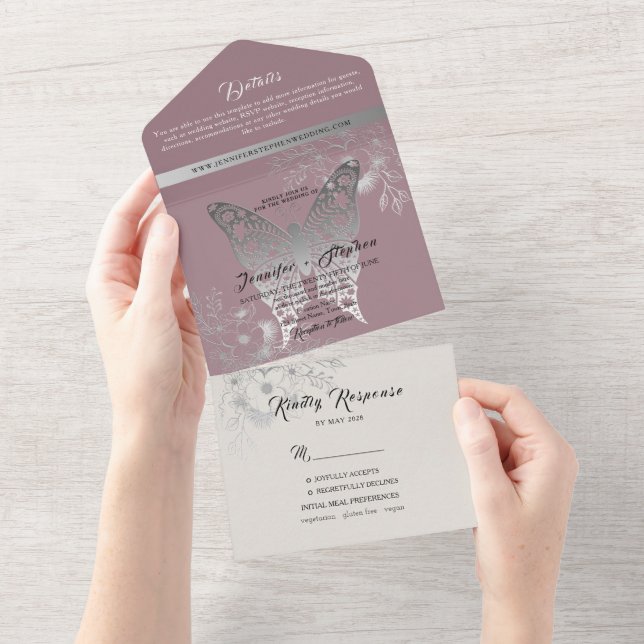 Invitación a la boda de la mariposa Rosa Dusty (desgarro)