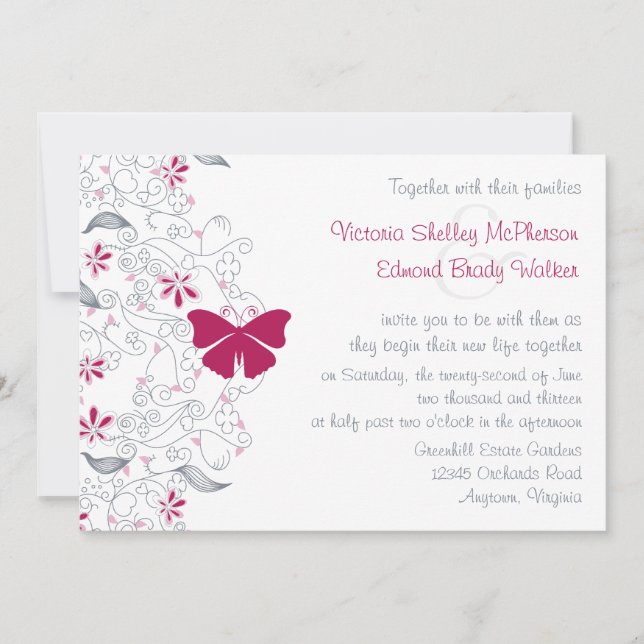 Invitación a la boda de la mariposa rosada oscura (Anverso)
