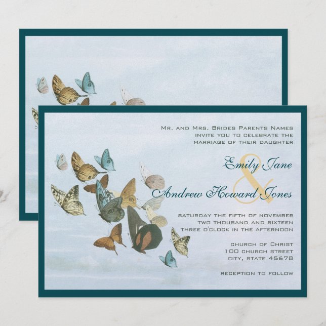 Invitación a la boda de la mariposa Verde azulada  (Anverso / Reverso)