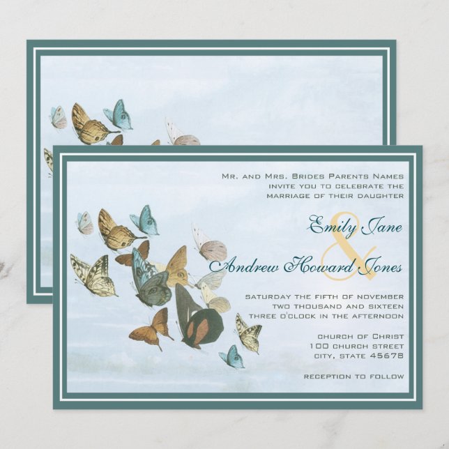 Invitación a la boda de la mariposa Verde azulada  (Anverso / Reverso)