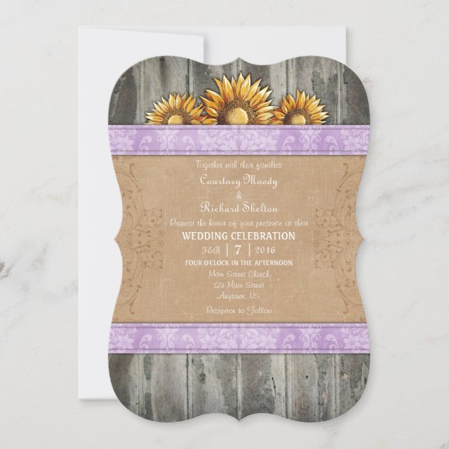 Invitación a la boda de la marisma de girasol rúst (Anverso)