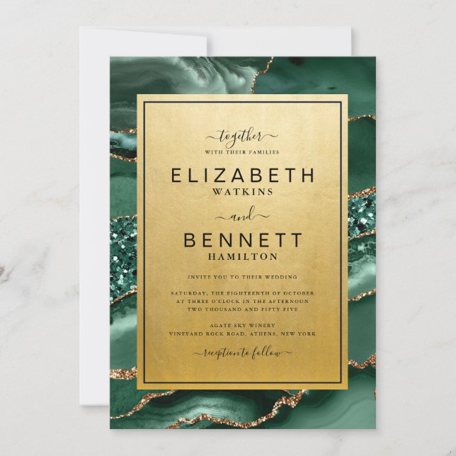 Invitación a la boda de la moda Gold Emerald Green (Anverso)