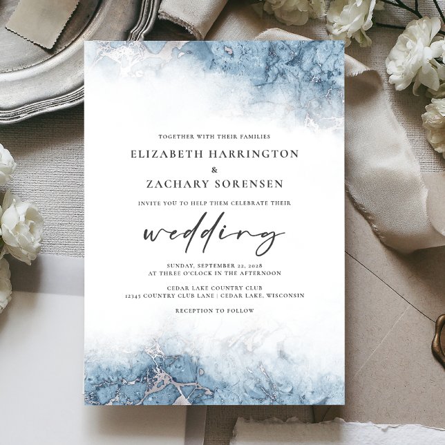 Invitación a la boda de la moda Marble Blue Silver (Subido por el creador)