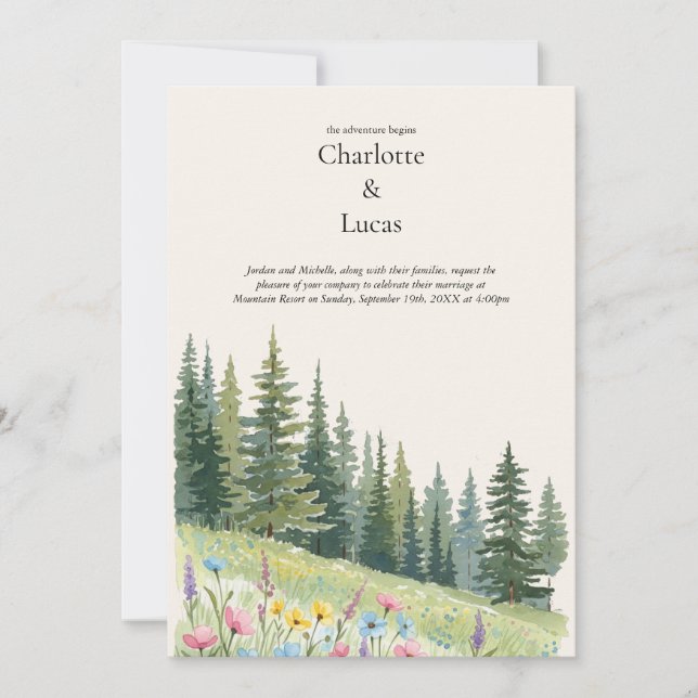 Invitación a la boda de la montaña acuarela (Anverso)