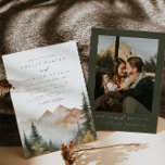 Invitación a la boda de la montaña acuarela<br><div class="desc">Esta es una invitación a una boda de montaña que incluye una hermosa escena de la cascada de la montaña y un elegante emparejamiento de fuentes. Edite todas las palabras y todos los colores excepto el color de la escena de la montaña acuarela. El color de la gota de color...</div>