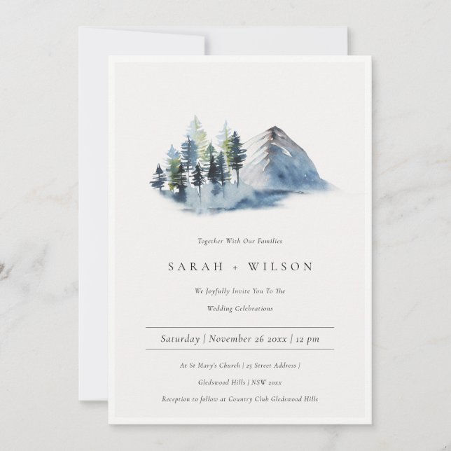 Invitación a la boda de la montaña Green Blue Pine (Anverso)