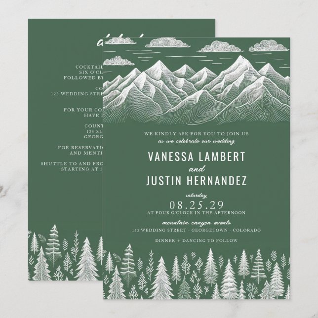 Invitación a la boda de la montaña verde con detal (Anverso / Reverso)